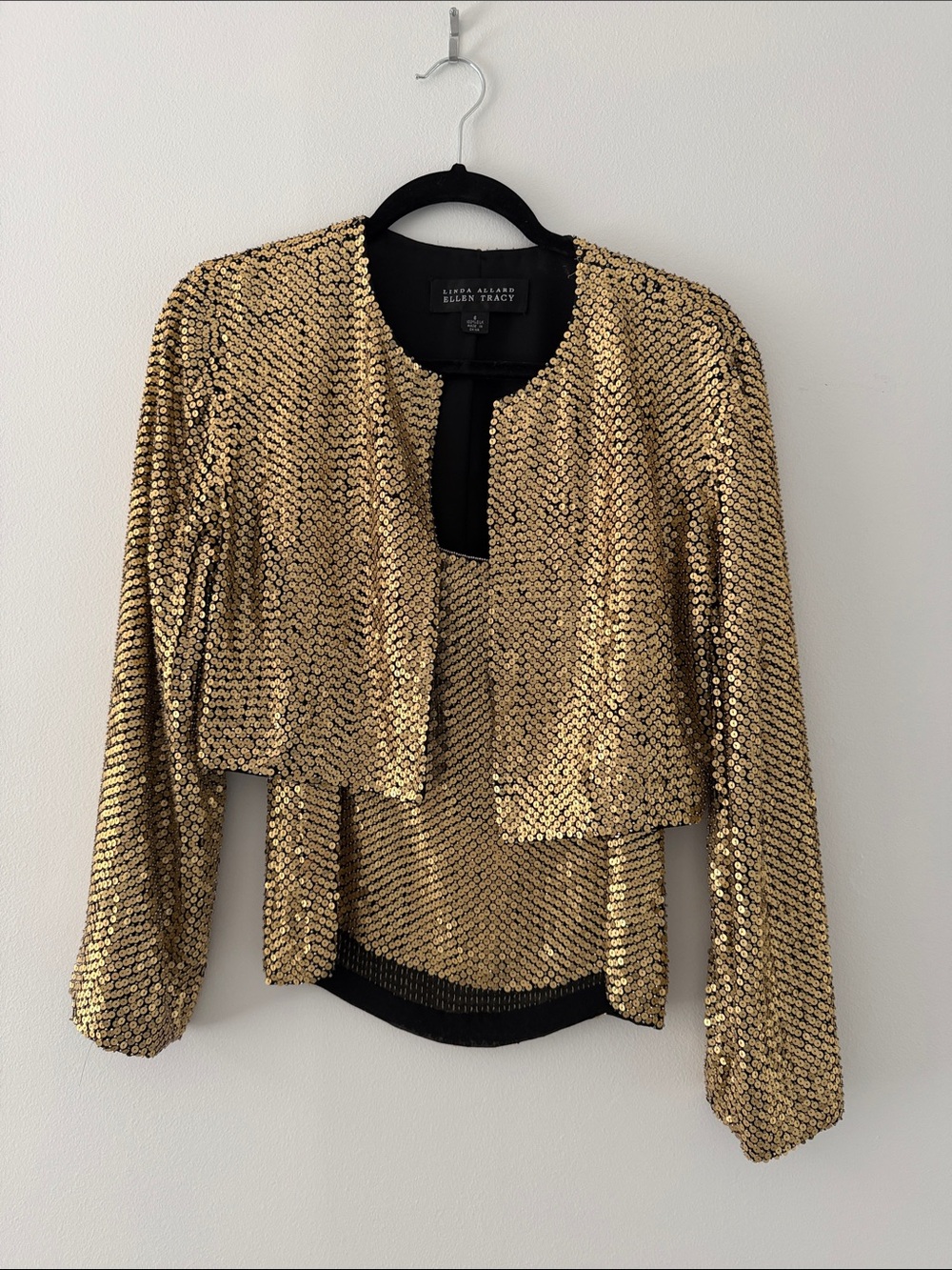Linda Allard Ellen Tracy Gold Sequin Cropped Jacket Set